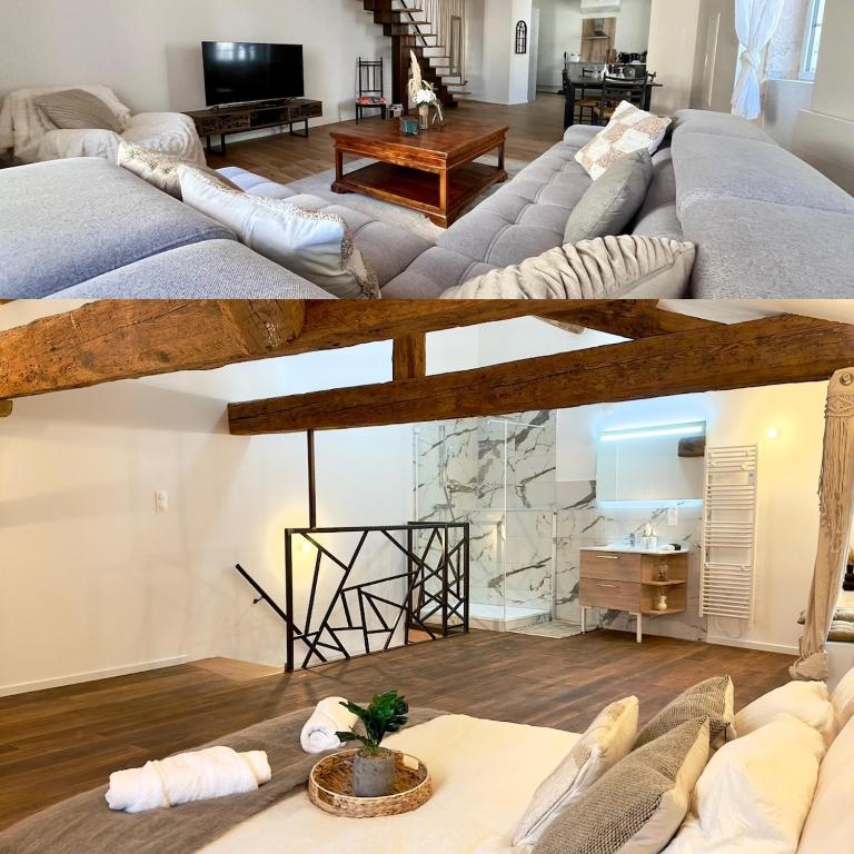 - deux vues sur un salon avec un grand canapé dans l'établissement LE LOFT, 85m2, Hyper-centre, à Mâcon