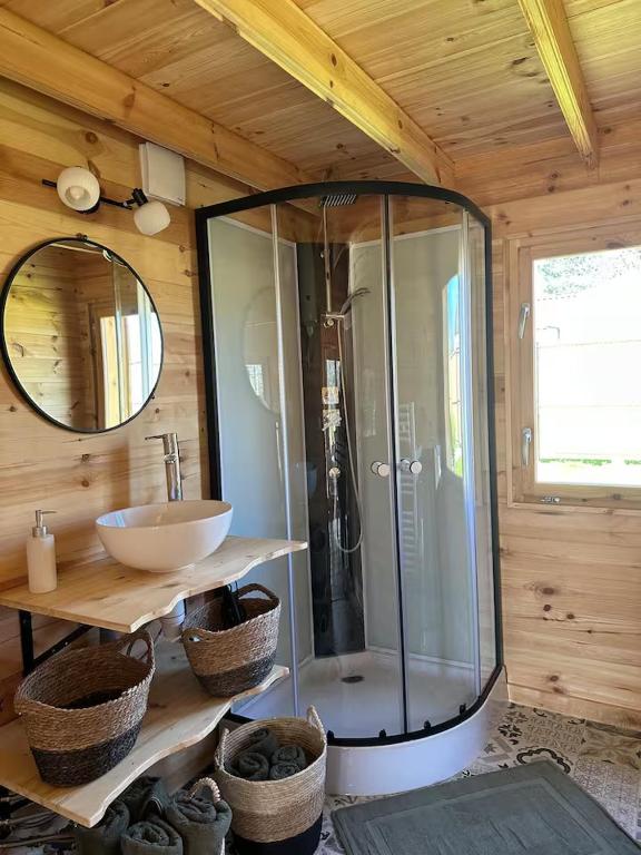 une salle de bain avec une douche, un lavabo et un miroir dans l'établissement Chalet Chalus, à Châlus