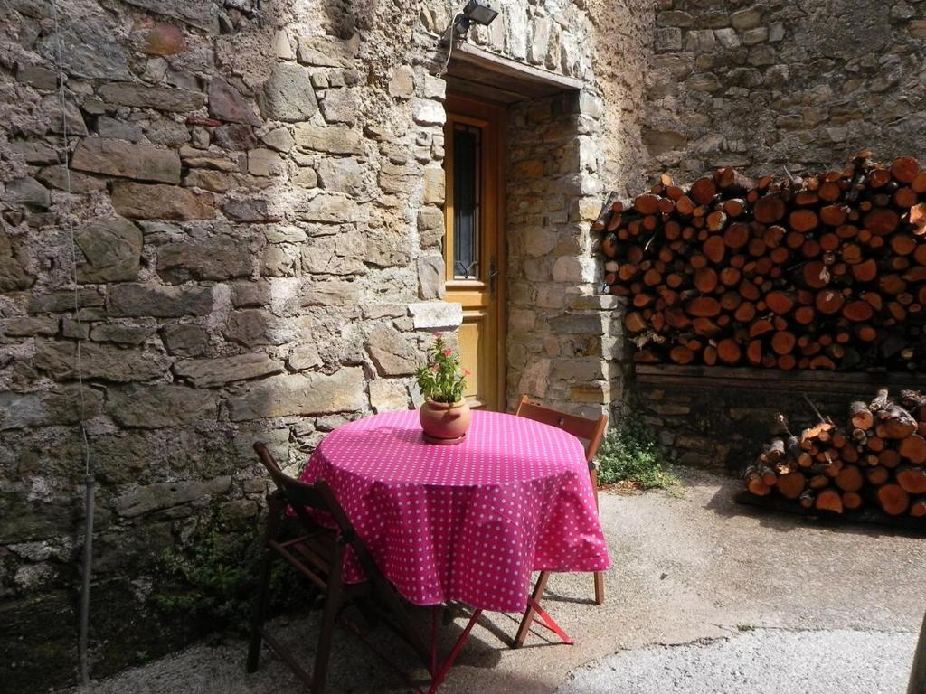 une table rose avec une plante en pot en haut dans l'établissement Studio à Générargues, en Cévennes, proche Anduze, à Générargues