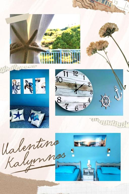 a collage of pictures of a room with blue at Valentino Apartment Kalymnos in Panormos Kalymnos