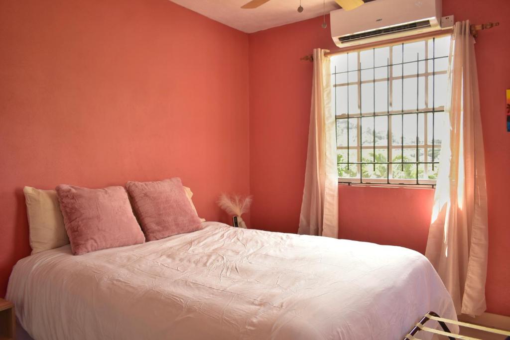 a bedroom with orange walls and a bed with a window at Cozy 1- Bed Apt Near Rodney Bay in Gros Islet