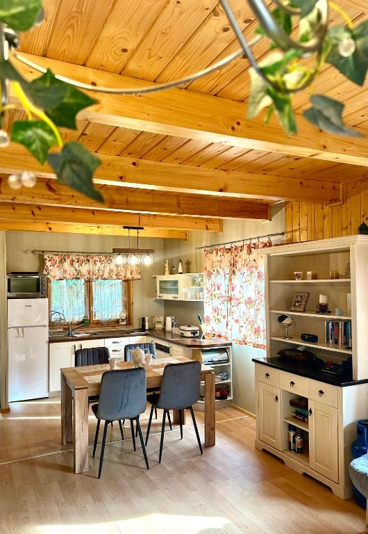 a kitchen with a wooden ceiling and a table and chairs at Amalka Wita in Sulęczyno