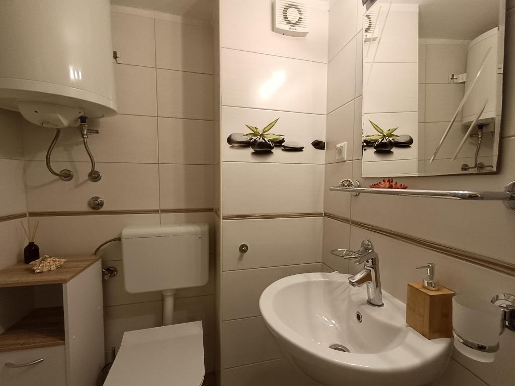 ヴルサルにあるAdria Pearl Appartmentsの洗面台とトイレ付きの小さなバスルーム