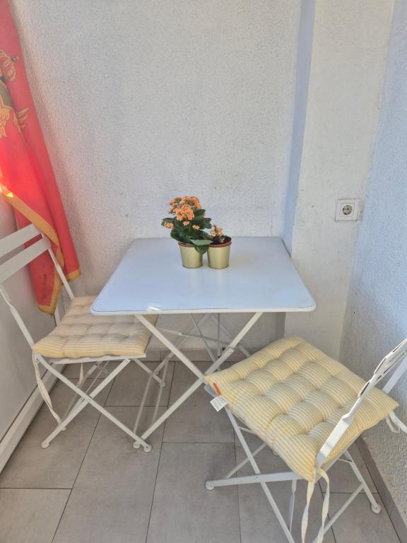 a white table and two chairs with plants on it at Zlatna Boska in Kotor