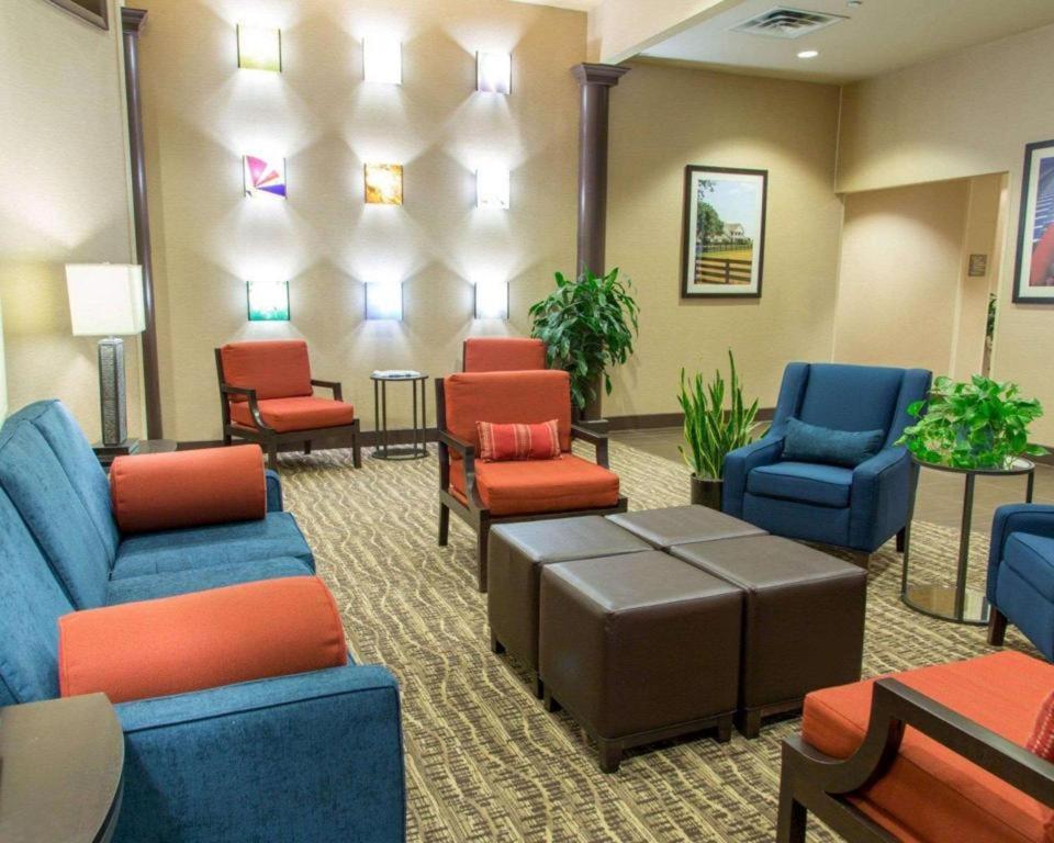ダラスにあるComfort Inn DFW Airport Northの青と赤の椅子が置かれた待合室