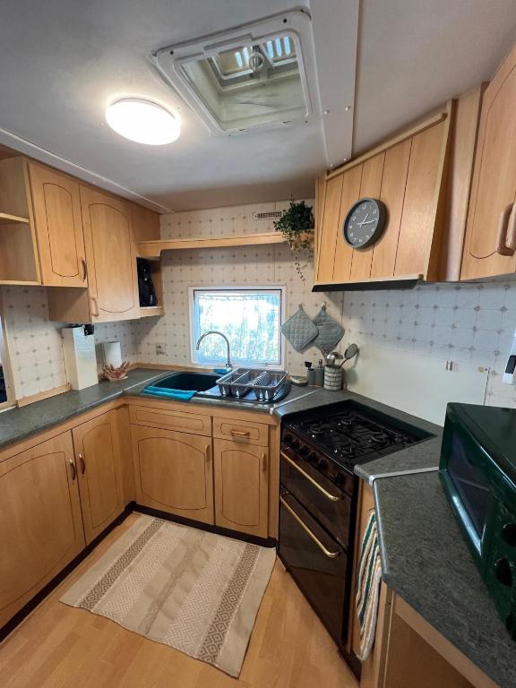 une cuisine avec des armoires en bois et un four à plaques de cuisson dans l'établissement Mobilhome de Gigi, au Grau-dʼAgde