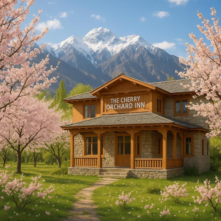 a building with a sign that reads the cherry drop hard inn at Cherry Orchard Inn in Mastūj
