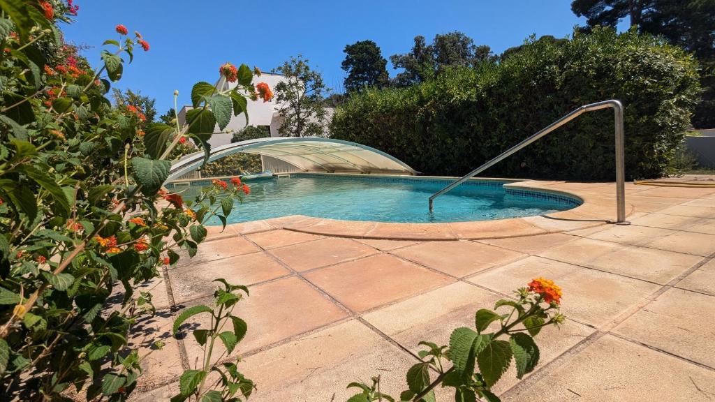 ein Swimmingpool in einem Hof neben einigen Blumen in der Unterkunft Grande Maison avec piscine, parking et wifi in Balaruc-les-Bains