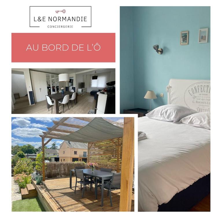 un ensemble de photos avec un lit et une chambre dans l'établissement Au Bord de L'Ô, à Saint Lo