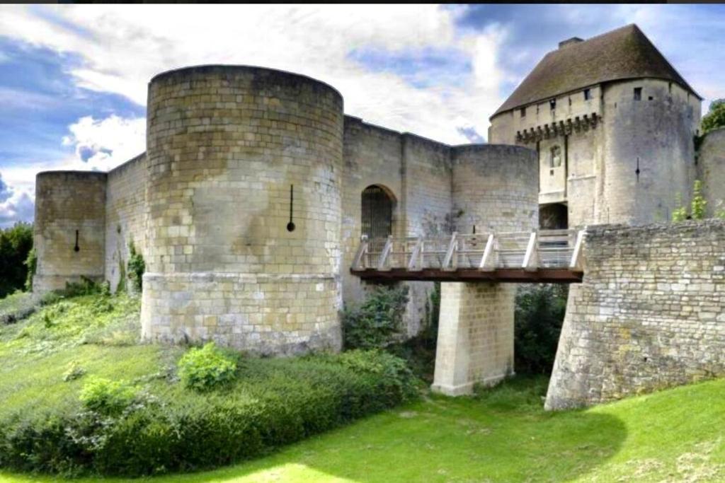 un vieux château avec un pont devant lui dans l'établissement Petit cocoon face au Château de Caen, à Caen