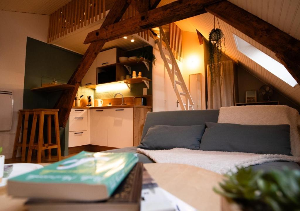 un salon avec un canapé et une cuisine dans l'établissement L'Ambre - proche gare , idéalement situé dans Rennes, à Rennes