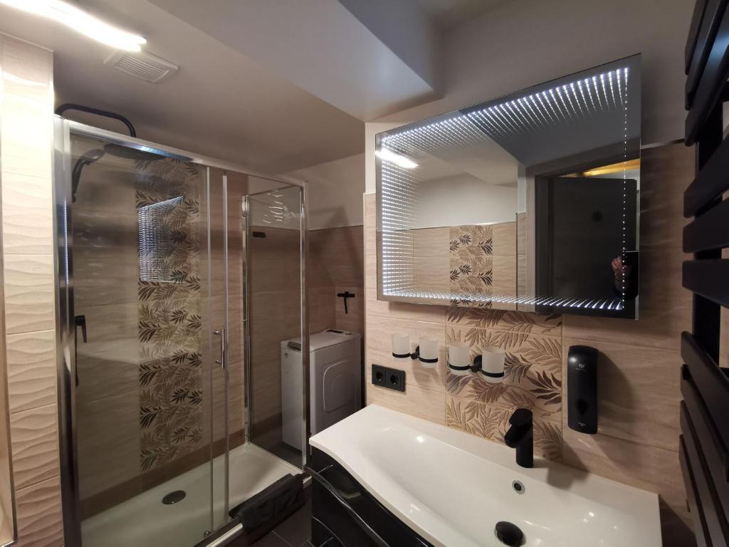 a bathroom with a sink and a shower at Seenlandoase Reppist in Senftenberg