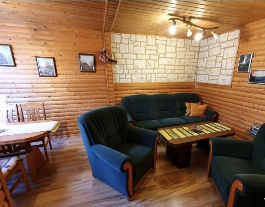 a living room with green couches and a table and a table at Ferienhaus Petra in Elbingerode