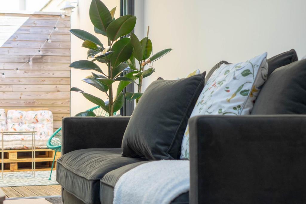 - un canapé noir dans un salon avec une plante dans l'établissement La Maison Scandi-Loire - 3 chambres avec Garage, à Orléans