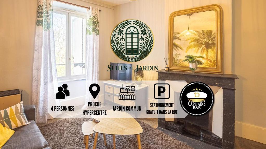 un salon avec une table et une cheminée dans l'établissement Les Suites du Jardin 3 - Instant vole - Hypercentre, à Chaumont