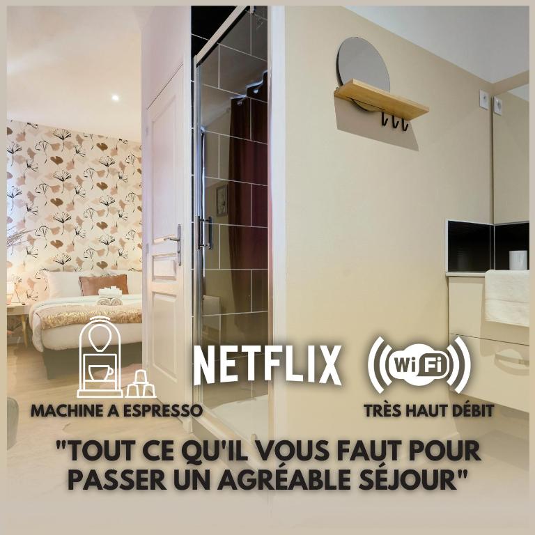La salle de bains est pourvue d'une porte de douche en verre. dans l'établissement NG Prestige - Lille l Roubaix Trichon - Netflix - Wifi, à Roubaix