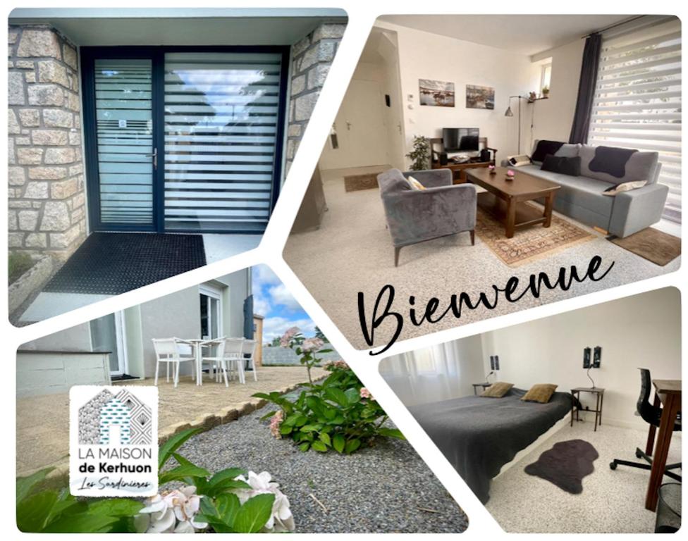 a collage of four pictures of a living room at Les Sardinières in Le Relecq-Kerhuon