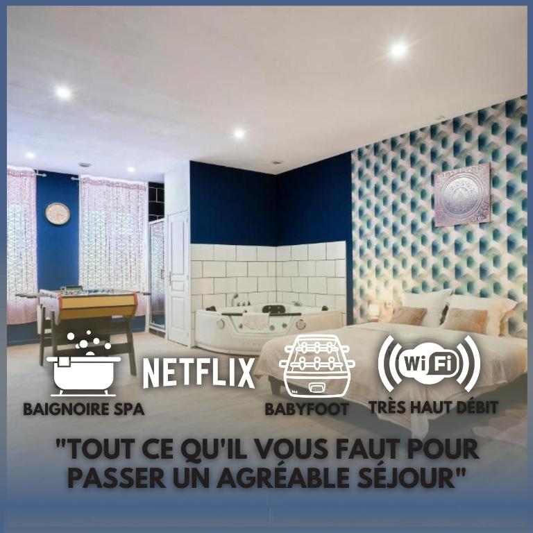 - un lit à baldaquin dans l'établissement NG Prestige - Lille l Roubaix Trichon - Balnéo - Babyfoot, à Roubaix