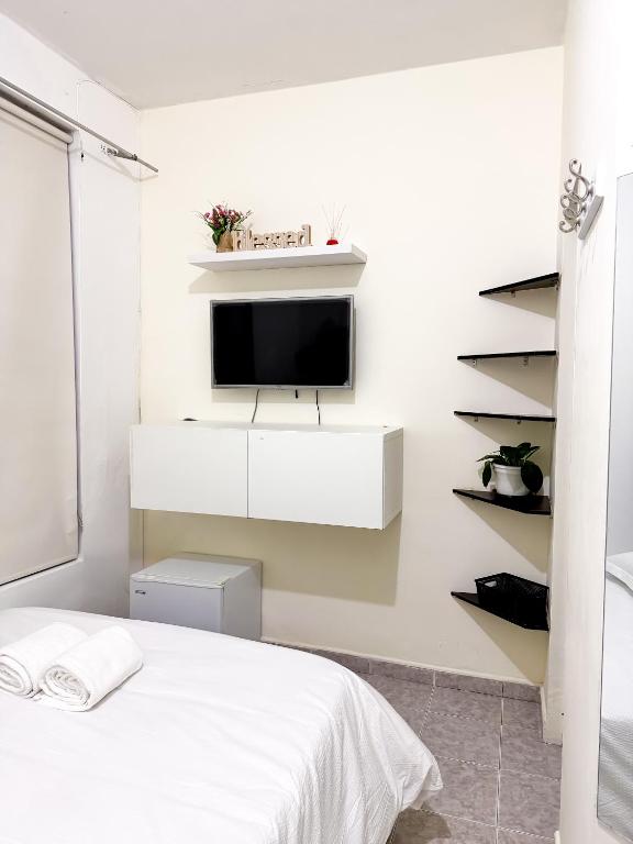 Μια τηλεόραση ή/και κέντρο ψυχαγωγίας στο Habitación doble con entrada independiente y baño privado