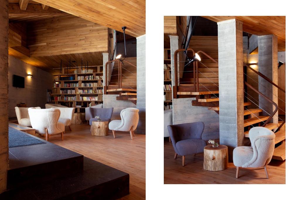 two pictures of a room with chairs and a library at Хотел Гела in Gela