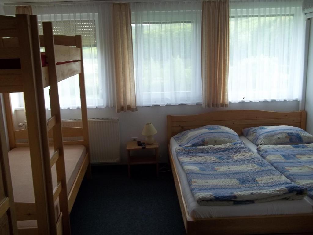 a bedroom with two bunk beds and two windows at Gadányi Vendégház és Lovarda in Komló