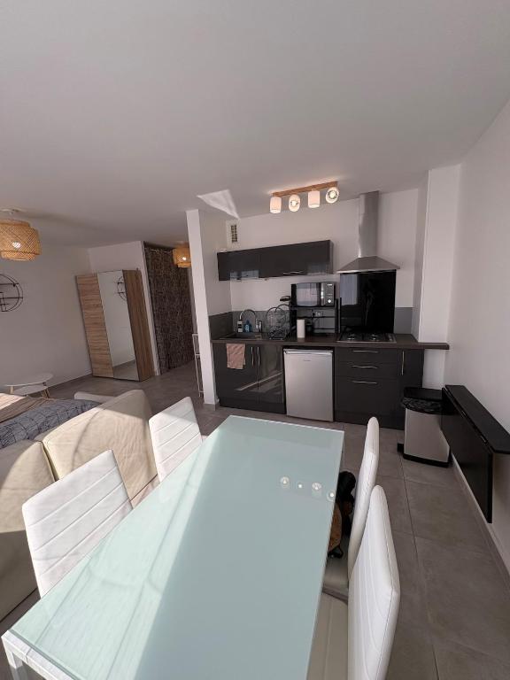 une pièce avec une table et des chaises et une cuisine dans l'établissement Cozy studio parking privé meyzieu centre, à Meyzieu