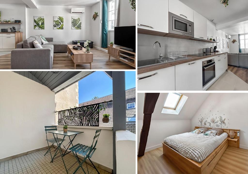 un collage de photos d'une cuisine et d'un salon dans l'établissement Maison de ville Spacieuse Proche du Centre, à Nevers