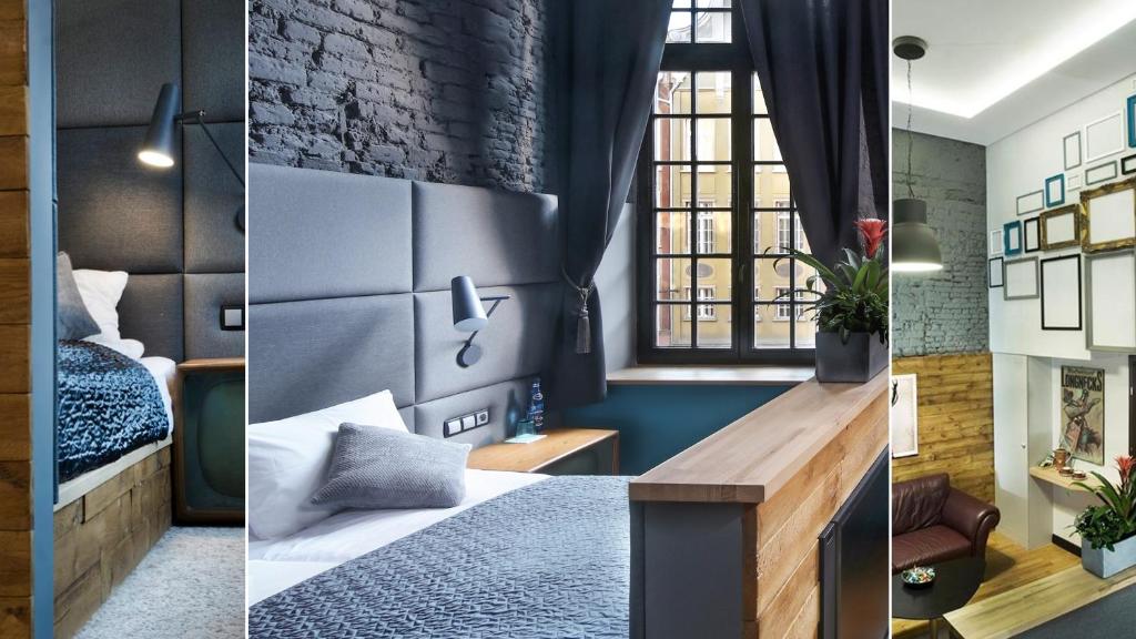 three pictures of a room with a bed and a brick wall at Black Swan House, Old Town in Gdańsk