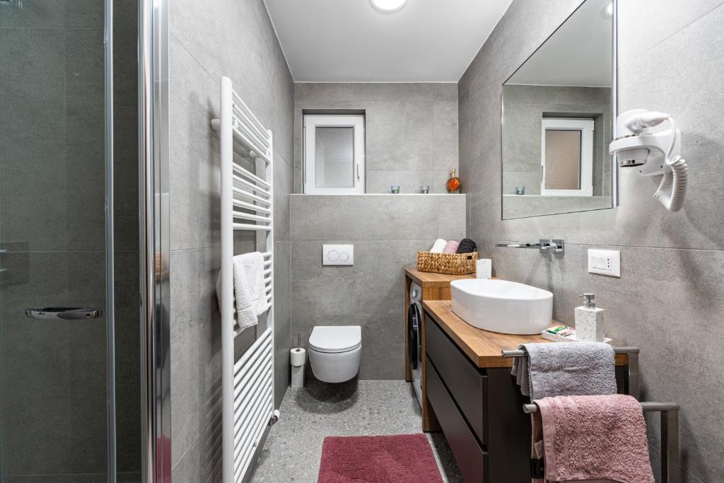 a bathroom with a sink and a toilet and a mirror at Guesthouse Casa Nova in Poreč
