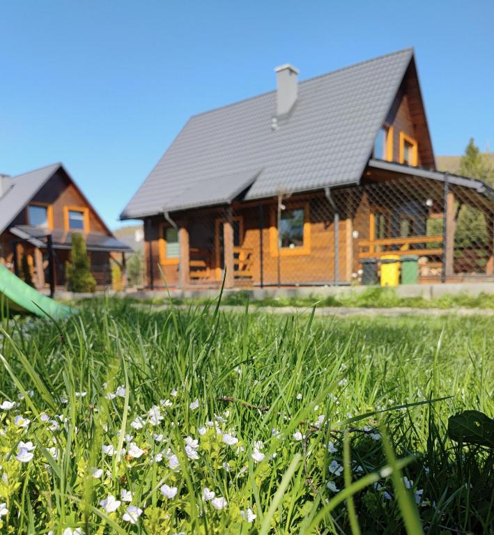 a log cabin with a field of grass and flowers at Bieszczadzka Ostoja - całoroczne domy na wynajem w Kalnicy in Wetlina