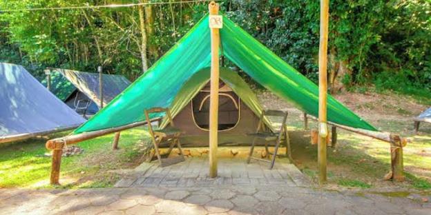 マル・デル・プラタにあるCamping Sadhu Argentinaの野原にある緑の天蓋付きのテント