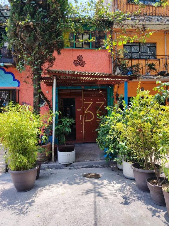 a building with potted plants in front of a door at Hostal México Airport CDMX in Mexico City