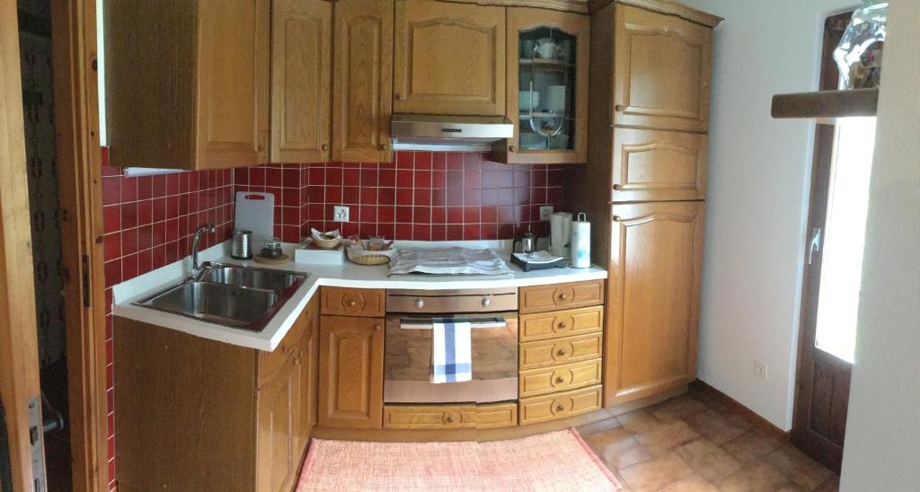 eine Küche mit Holzschränken und einem Waschbecken in der Unterkunft CHARLOTTE casa vacanze in Villa di Chiavenna