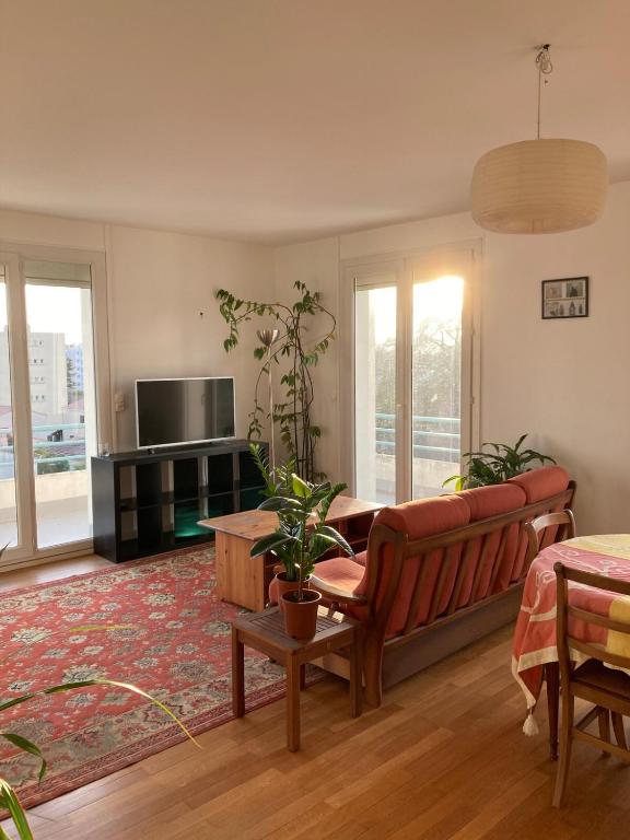 un salon avec un canapé et une télévision dans l'établissement Grand appartement lumineux avec vue sur l'Ardèche, à Montélimar