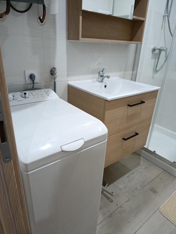 La petite salle de bains blanche est pourvue d'un lavabo et d'une douche. dans l'établissement Studio duplex au coeur de Dijon, à Dijon