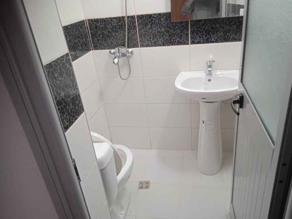 un bagno con lavandino e WC di Vila N Dervishi a Vlorë
