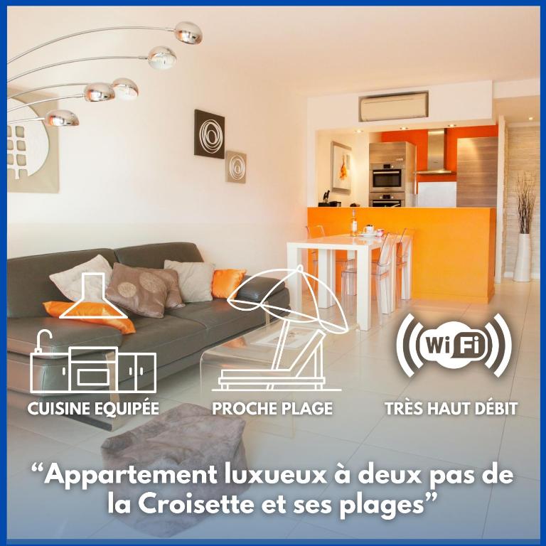 un salon avec un canapé et une table dans l'établissement Modern two bedroom apartment with two bathrooms, just behind the CARLTON, à Cannes