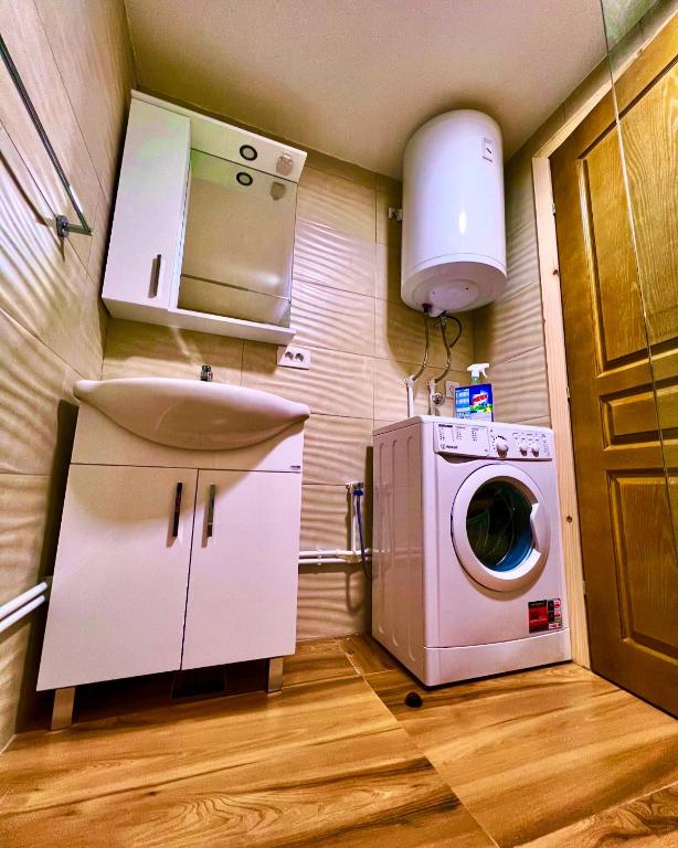 a small kitchen with a washing machine and a sink at Alfa Omega Žabljak in Žabljak