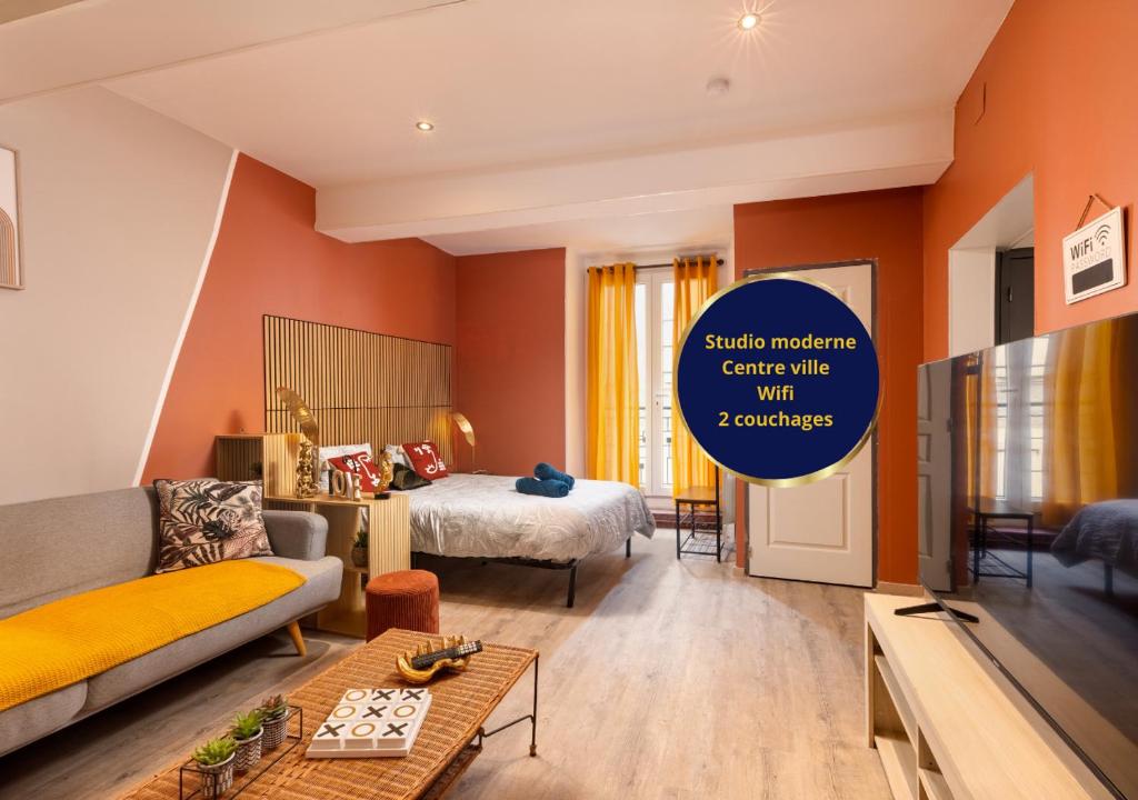 - un salon avec un canapé, un lit et une télévision dans l'établissement Le Limouxin jungle Wifi, petit balcon *Oc Keys, à Limoux