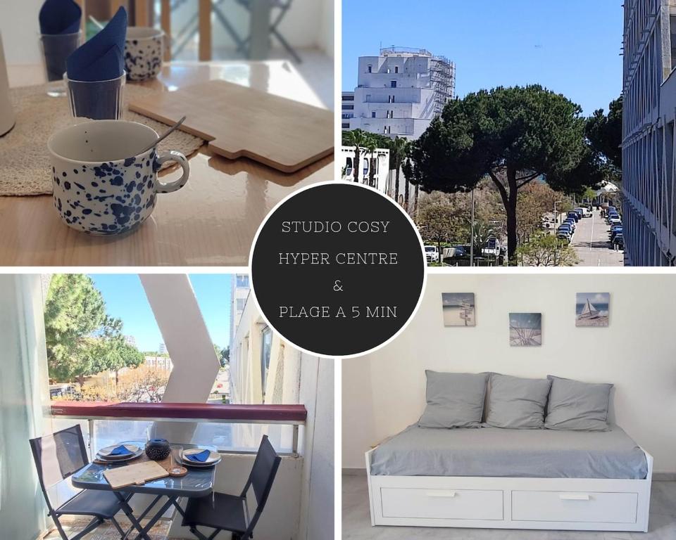 un collage de photos d'une chambre avec un lit et une table dans l'établissement Centre-ville & plage à portée de main !, à La Grande Motte