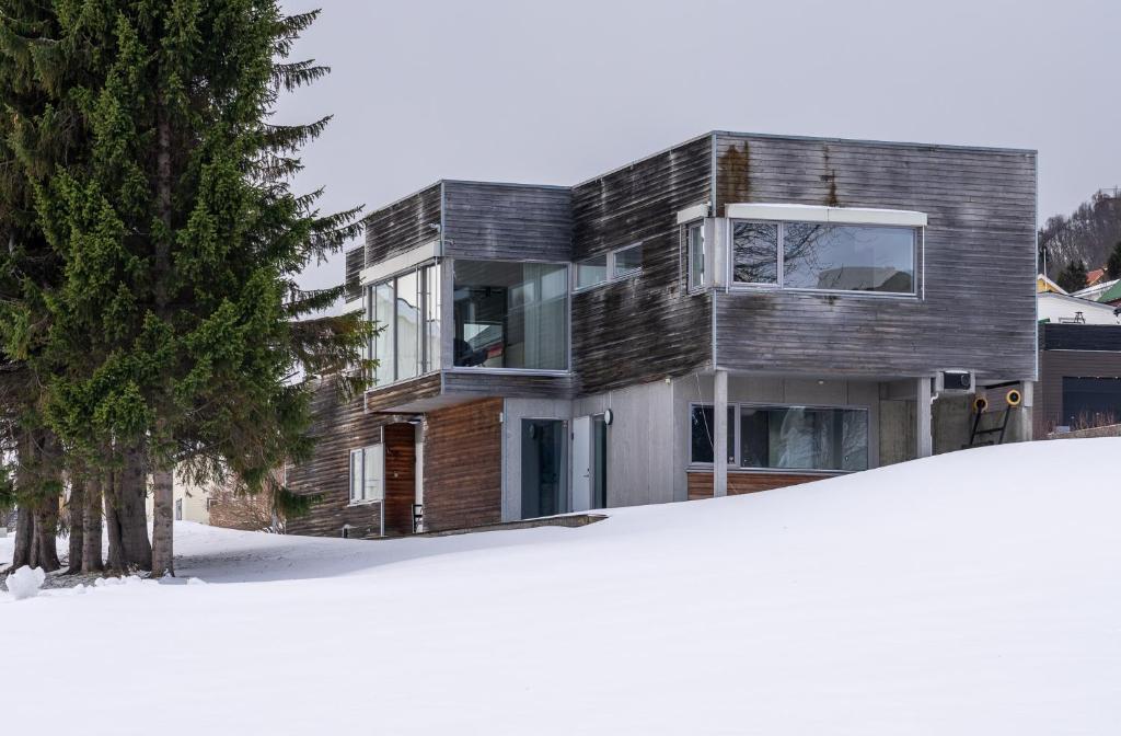 a house in the snow with trees in front of it at North Estate City House in Tromsø