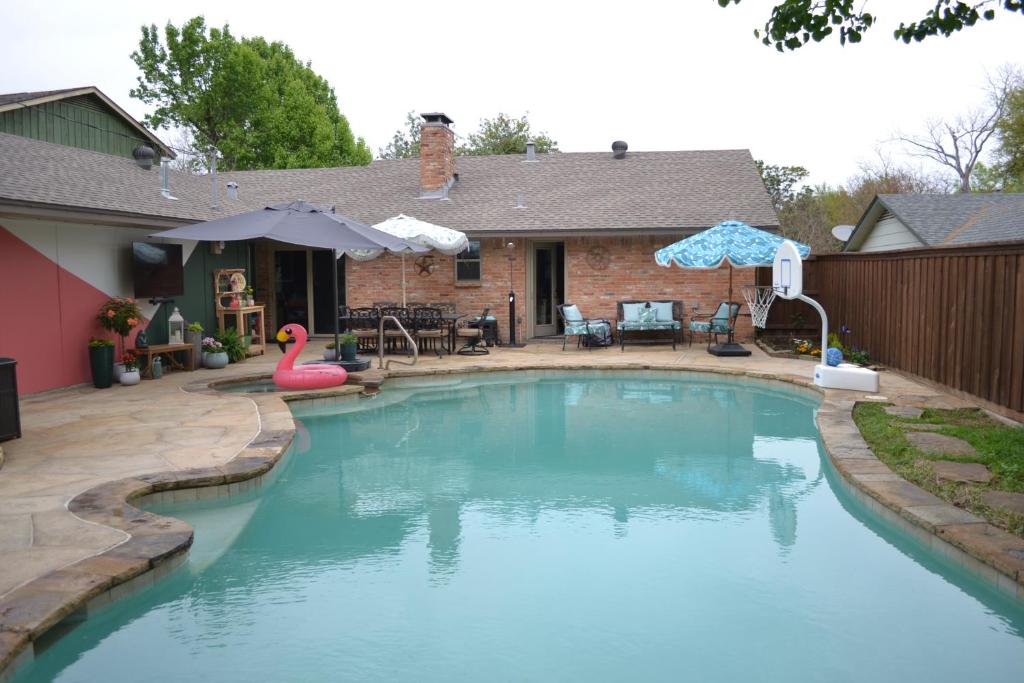 a swimming pool with a pink flamingo in a backyard at Lake Highlands Retreat in Dallas