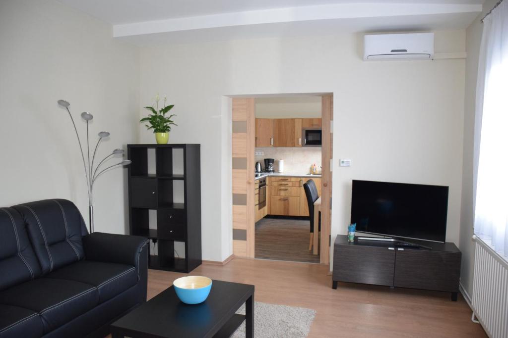 ein Wohnzimmer mit einem Sofa und einem TV in der Unterkunft Nádor Apartman in Győr