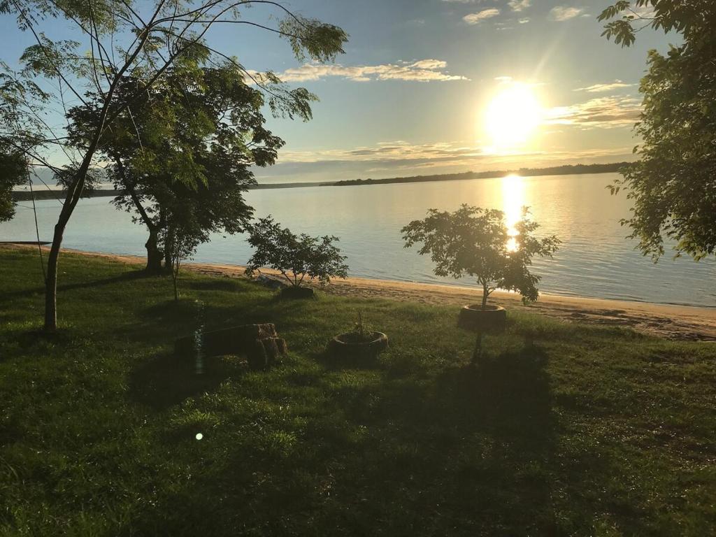 イトゥサインゴにあるCabaña Conectar Naturalezaの木々の水上夕日