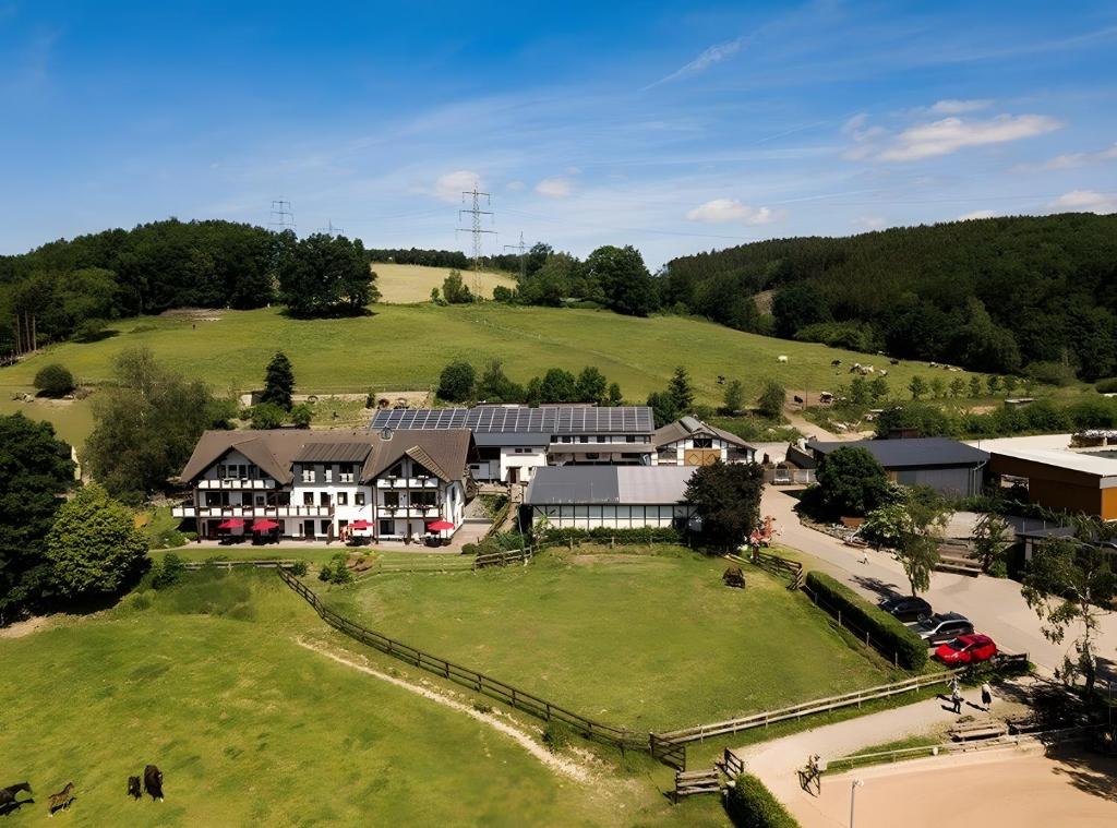 an aerial view of a house on a green hill at Ferienhof Pulte in Attendorn
