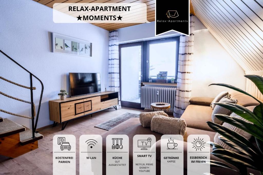 TV a/nebo společenská místnost v ubytování RelaxApartments BLACK FOREST Moments - Maisonette-Wohnung mit Sonnenbalkon, schnelles Internet, Nähe Triberger Wasserfälle, für bis zu 4 Personen