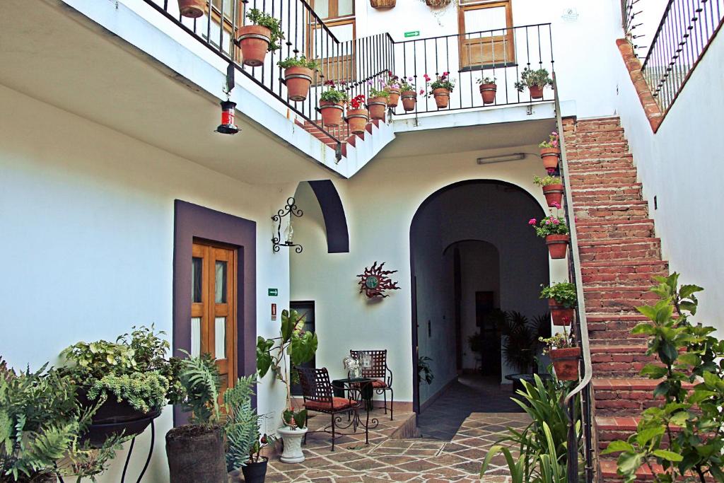 a courtyard with potted plants and stairs in a house at El Serafin Hotel Boutique in Querétaro