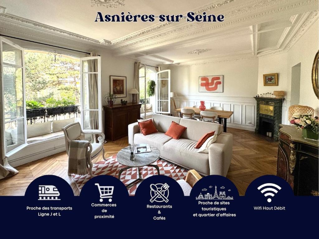 un salon avec un canapé et une table dans l'établissement Premium stay in Asnières, close to Paris, à Asnières-sur-Seine