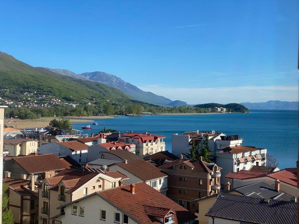 a view of a town with a lake and mountains at Casa Clara in Ohrid