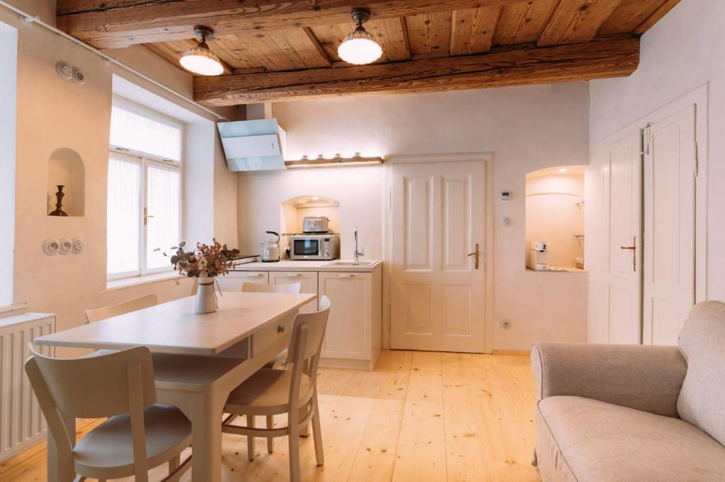 a kitchen and dining room with a table and chairs at Apartmány NATHAN - GENIUS LOCI 1636 in Třebíč